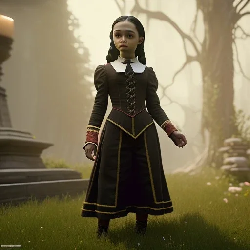 Full body, 3d render,Jenna Ortega, Wednesday addams 1800's women style, 1800's hair style, 1800's women clothes style, hyper realistic, octane render, unreal engine 5, 8k, palace background, uhd