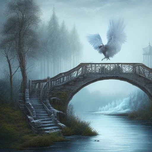 fantasy art, book illustration, raven on stairs of a bridge to old mill ,icy water, on the bridge is a wolf,seen from the tree tops