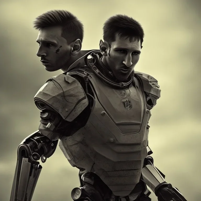 lionel messi perfect face and portrait post-apocalypse perfect cyborgs in a footbal stadium, sci-fi fantasy style, 8k,dark