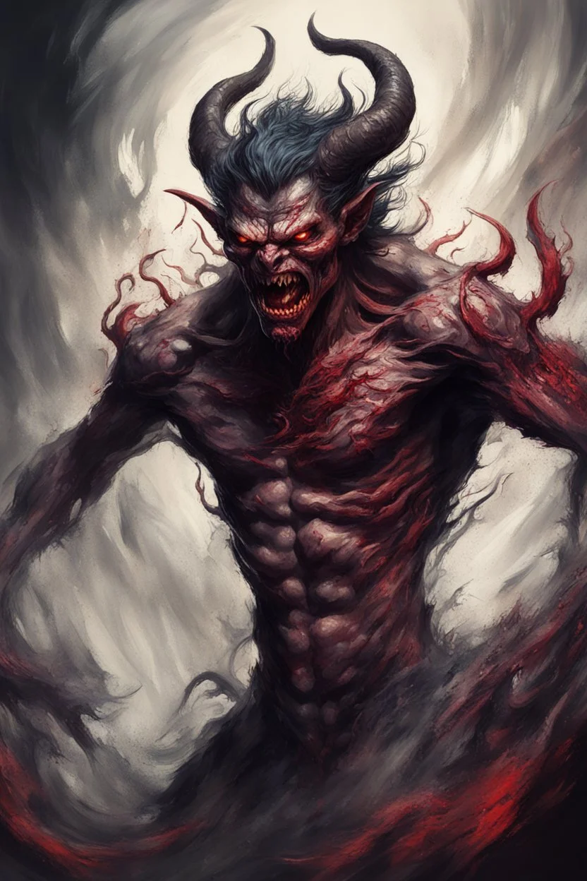 A piece of concept art depicting a male horrific demon with realistic, intricate details. The artwork should contain chaotic brush strokes reminiscent of the style commonly seen in late 20th-century concept art. Focus on a dynamic, flowing composition with high contrast and a primarily color scheme, to evoke a sense of movement and drama.