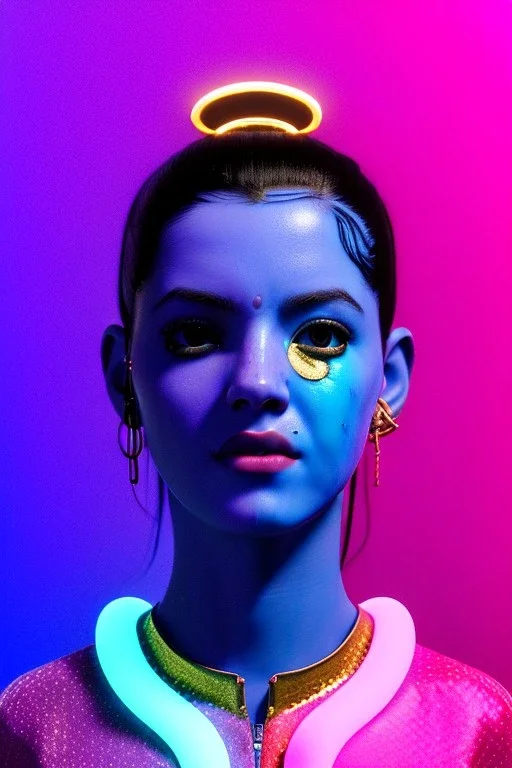 Ultra Realistic image, Rosalía artist, waist up portrait, smile, black eye line, sweet angry face, geisha hair style, spray line make up, geometric, gold, rings piercing, led ornament, bubble latex coat, cold, led lights, pop style, pink, blue, gold, vibrant color, highly detailed, art stations, concept art, smooth, unreal engine 5, god rays, ray tracing, RTX, lumen lighting, ultra detail, volumetric lighting, 3d, finely drawn, high definition, high resolution.