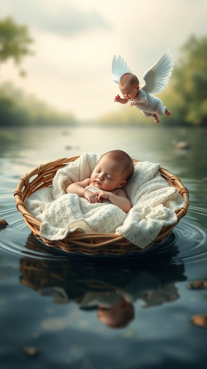 A baby sleeping in side a basket bed that is floating in the river and an angel baby with wings is flying over the him to watch on him