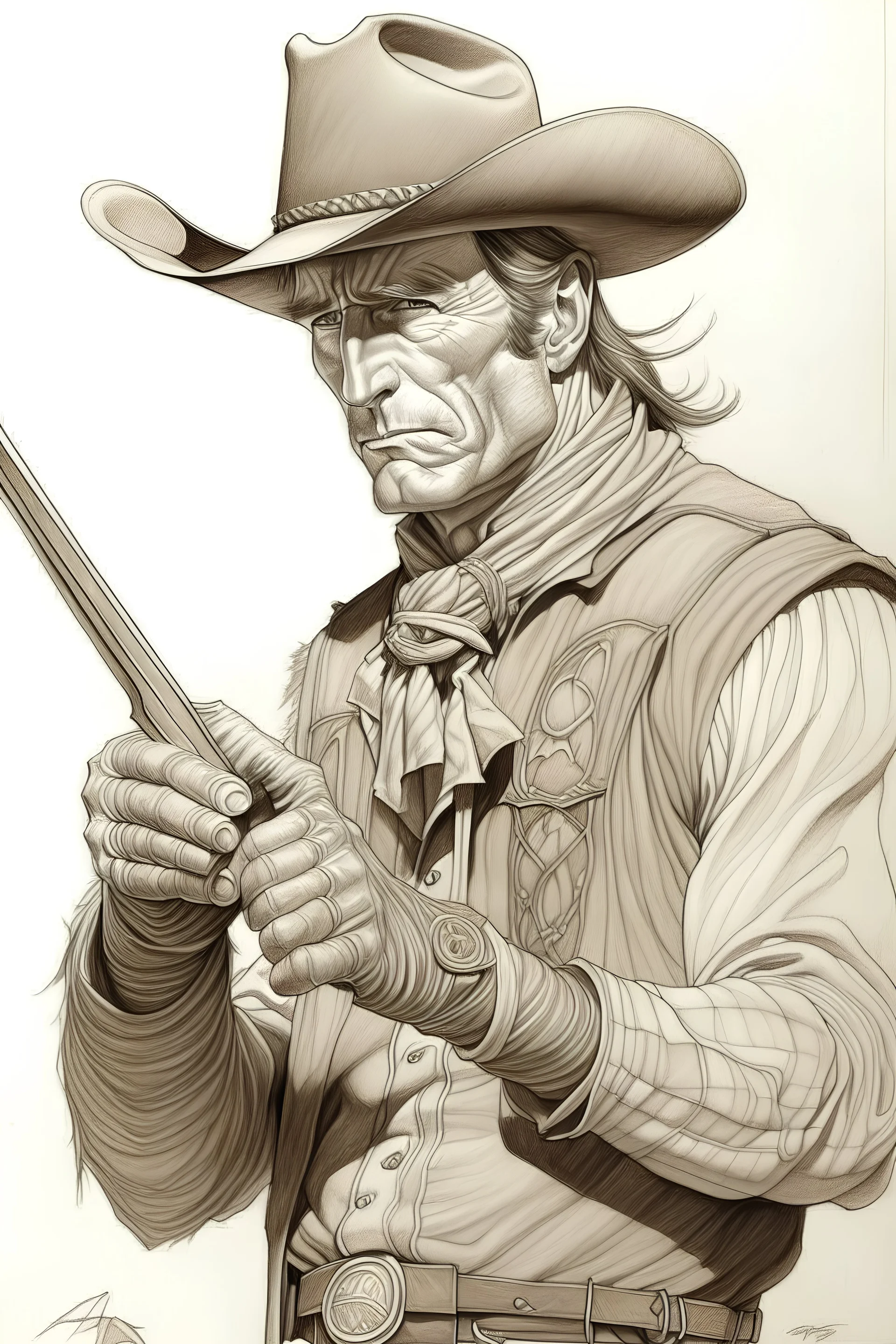 Cowboy with winchester by Jean Giraud, Moebius, Arthur Adams, Dave Gibbons, highly detailed, pencil sketch, ultra realistic, dynamic pose, hight quality art