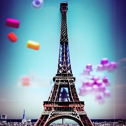 concept art, highly detailed, eifel tower made of candies, eifel tower paris, made of candies, tower built with candies, ultra realistic, ultra high quality, professional photography, cinematic, volumetric light, paris background, eifel tower in paris, photo