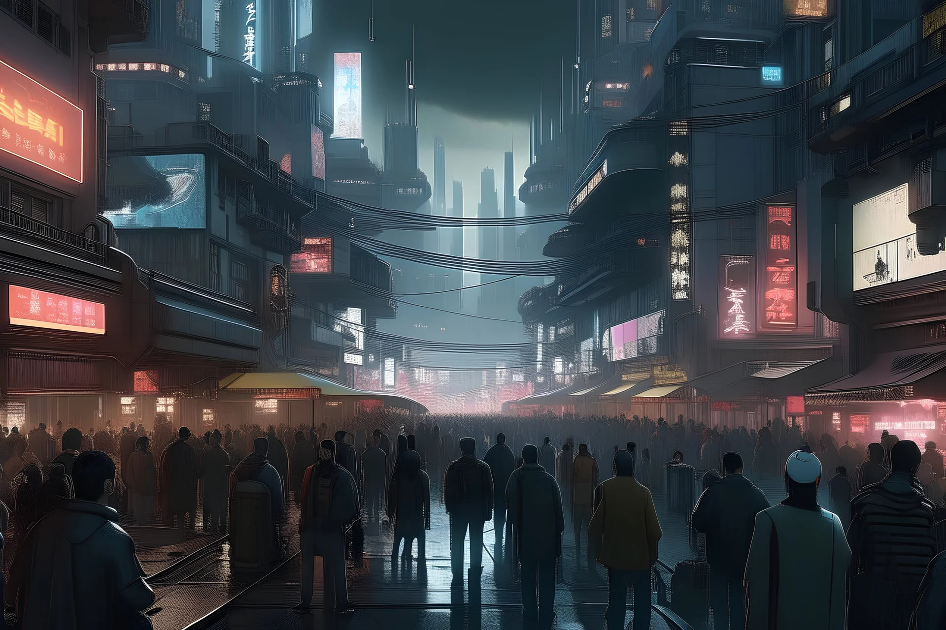 photograph of a downtown area in a cyberpunk city with crowd