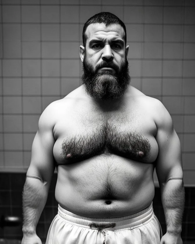 full figure shot photography of a burly chubby turkish prisoner , 50 years old , shirtless in white dirty boxer, long beard, long hair , in a dark prison, dirty, ugly, bullneck, muscular, crossed arms, manly chest, shirtless, bulge, misery and poverty, emotive eyes, photorealistic, ultradetailed, 32k, side view from below, dim light