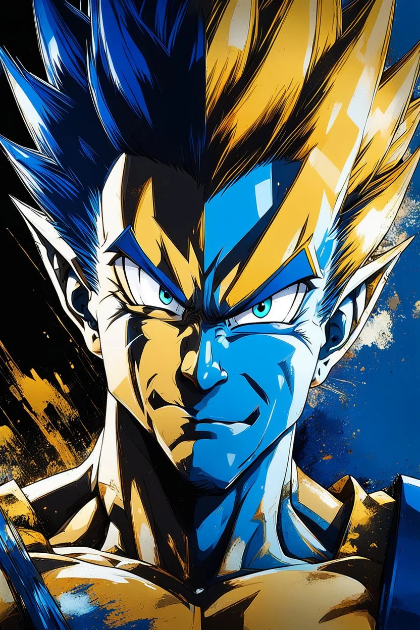 Poster in two gradations, split in half, one side "Vegeta's face", other side "Goku's face", midline of the face, painting by Yoji Shinkawa, dark blue and GOLD detailed iridescent, metallic, translucent, dramatic lighting, hyper futuristic, digital art, shot with Sony Alpha a9 Il and Sony FE 200-600mm f/5.6-6.3 G OSS lens, natural light, hyper realistic photograph, ultra detailed -ar 3:2 -q 2 -s 750,