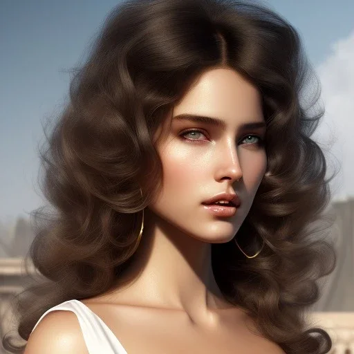 1970's sexy porno model , cute, angelic face with minor blemishes, beautiful, long flowing hair, wavy hair, curly hair، black eyes, head and shoulders portrait, cinematic, 8k, resolution concept art portrait by Greg Rutkowski, Artgerm, WLOP, Alphonse Mucha dynamic lighting hyperdetailed intricately detailed, bokeh, Stunning 8k ektar film scan