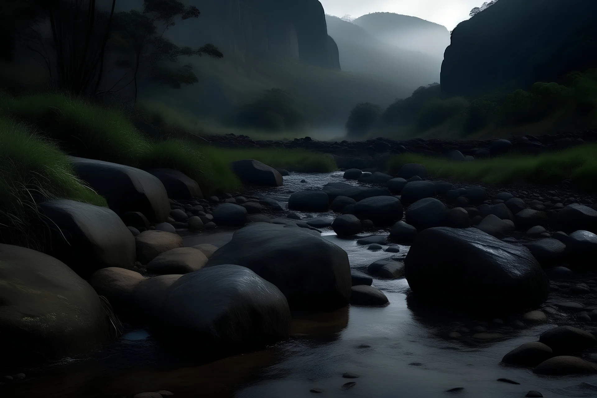 boulders next to the river in a dark and moody, misty drakensberg wilderness