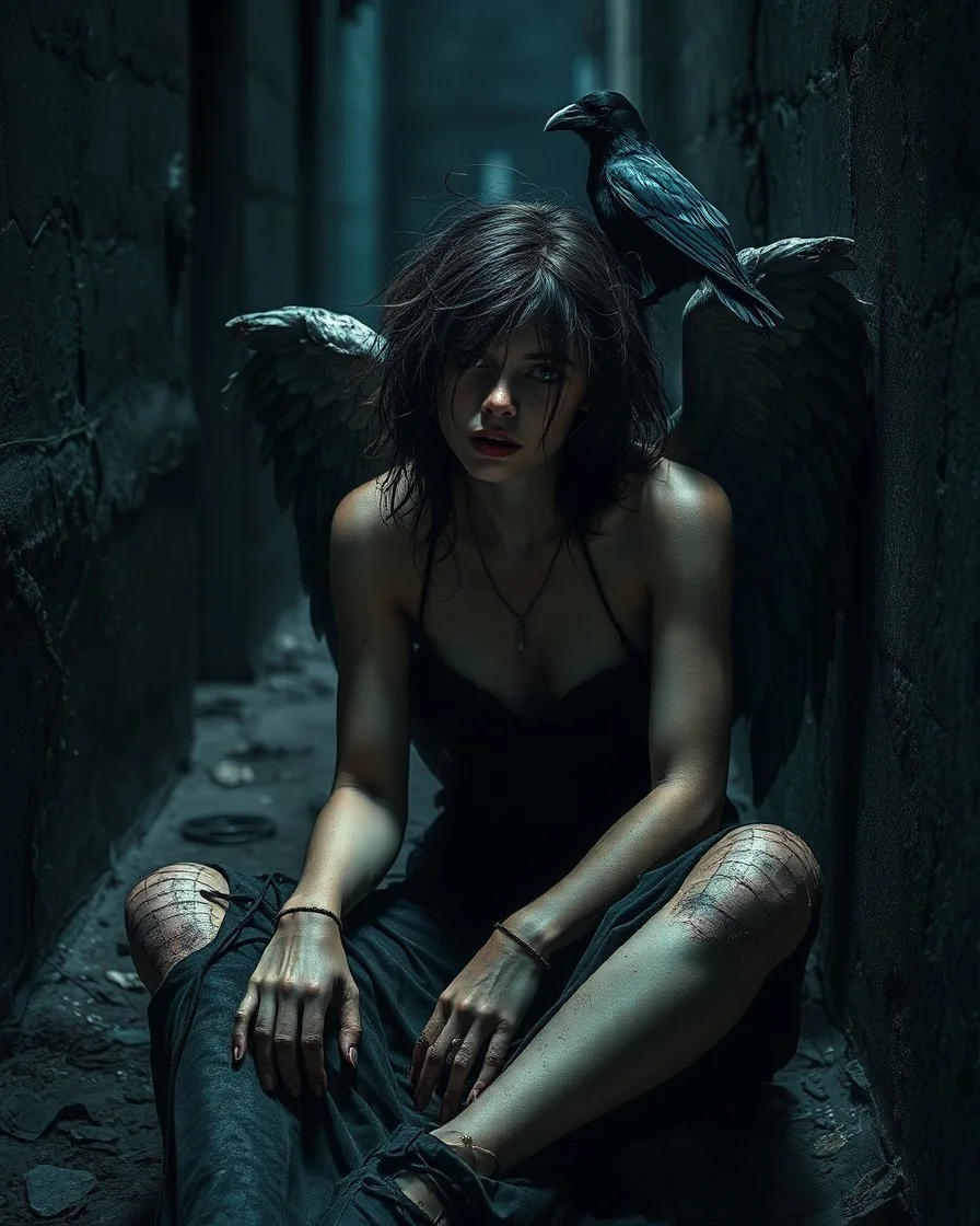 This image shows a fallen angel in a haunting, atmospheric scene. She sits in a dark alleyway, surrounded by subtle shadows and grunge textures, her skin damaged and her wild hair disheveled. A blind crow perches on her shoulder, adding to the eerie mood.