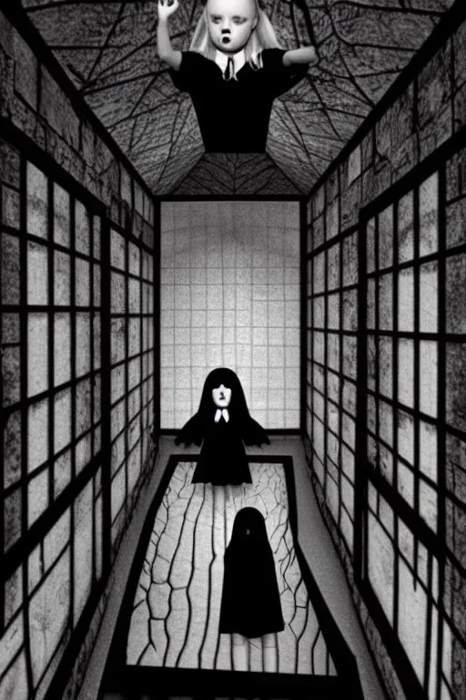 Wednesday Adams in 3d scary dark room Escher style