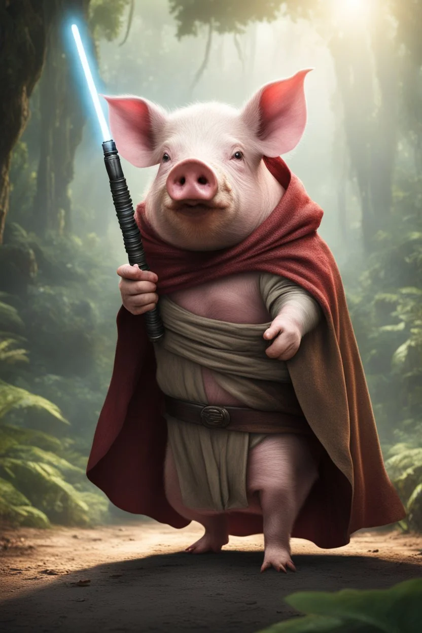 [photo realistic] a pig standing with a Jedi cape and a Lightsaber, using the force, jungle in the background