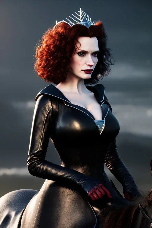 christina hendricks as evil queen in black leather gown on a horse, angry, stern look, volumetric lighting, particales,highly detailed,cinematic, deep colours,8