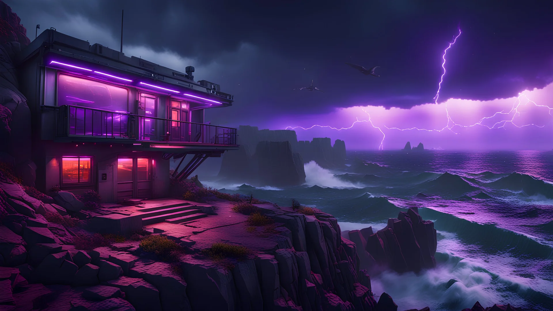 outpost on a cliff overlooking the stormy seas, nighttime, storms, purple light in the windows, cyberpunk style, video game scene, hyperrealistic, hyperdetailed, Unreal Engine, 8k resolution, art station, god lights, ray tracing, RTX, lumen lighting, ultra detail, volumetric lighting, 3d