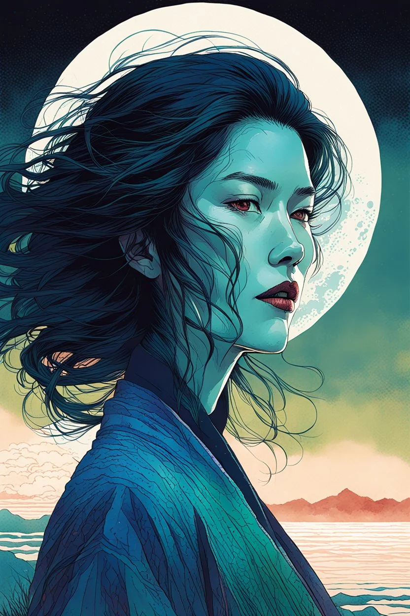 create an imaginative print illustration of an ethereal, otherworldly gaunt and withered ancient female Nukekubi shape shifting vampire , in the style of Hasui Kawase , Shiro Kasamatsu combined with the graphic novel style of Bill Sienkiewicz, with highly detailed feminine facial features