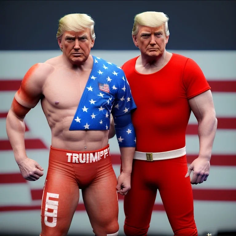 Realistic image of Donald trump wrestler, jump, Mexican wrestling style, eye line, red and blue breeches, glow us flag dress, suspenders, retro style, 80s, vibrant color, highly detailed, clean background, concept art, unreal engine 5, god rays, ray tracing, RTX, lumen lighting, ultra detail, volumetric lighting, 3d, finely drawn, high definition, high resolution.