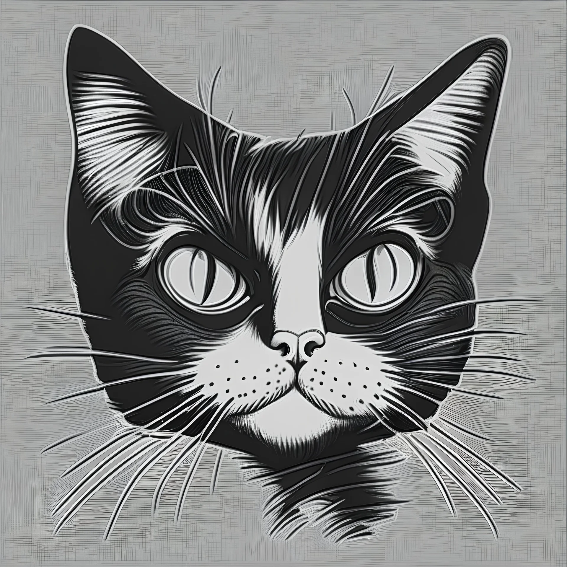 Cat's head, cartoon style, black and white,