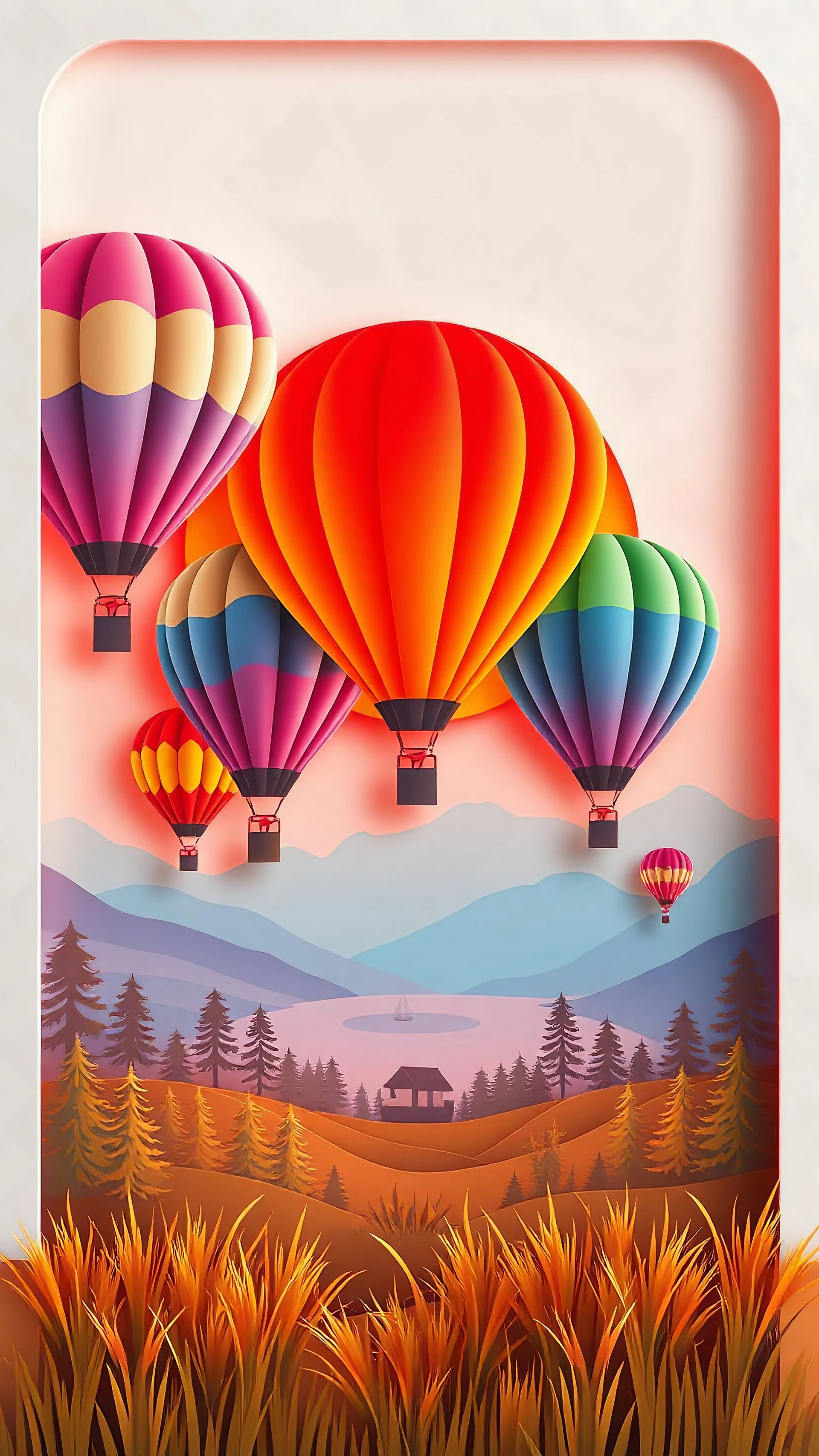 logo with strong hard light, The logo is balanced and symmetrical, inspired by a paper-cut BIG SUNRISE landscape with RAINBOW COLOR OF hot air balloons,High-resolution stock photo in a HIGH COLORED dramatic cinematic style. The image features professional quality and a film-like composition and lighting, depicting a paper-cut landscape with hot air balloons, mountains, lake, boat, trees . Vector art glossy grasses . White frame, rounded top, straight bottOM