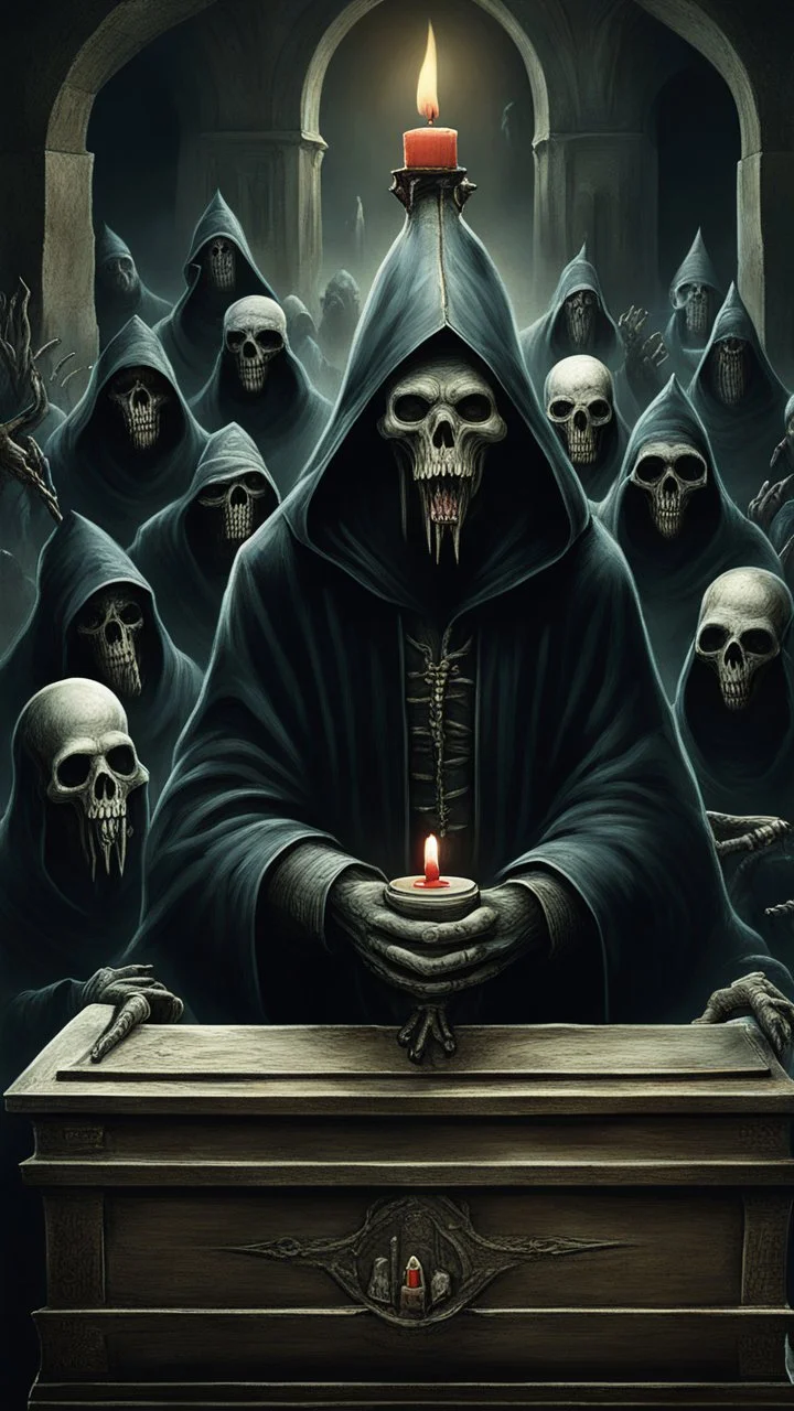 Bosch painting style, 3D ugly scary hooded creature sleeping in a coffin with hands on chest in surrounded by other hooded dark evil creatures wearing black one of them carrying a small candle in scary dark evil temple they all staring at the dead creature in the coffin