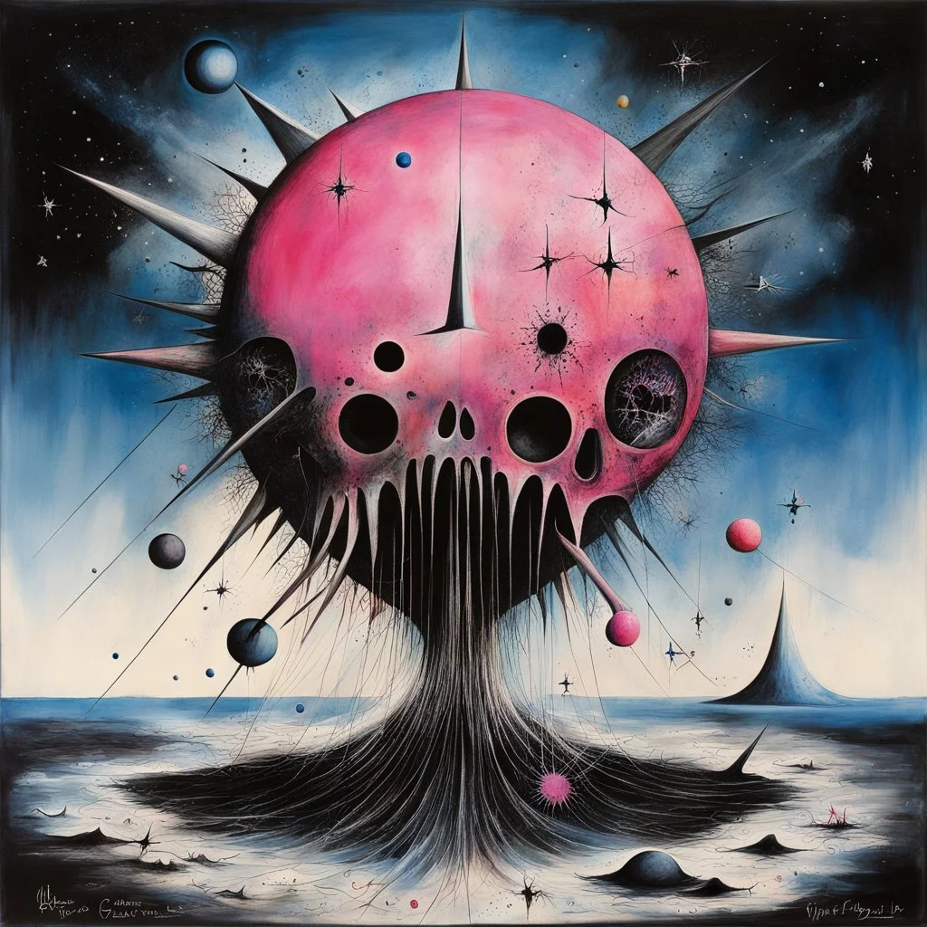 Claws tearing off disguise and turning the inside out, cosmic horror tribute to "PINK FLOYD", Style by Joan Miro, by Stephen Gammell, by Dave McKean, by Virgil Findlay, artistically sinister, Album art, matte oil painting, white - black -pink - blue, colors, smooth, ((include writing "PINK FLOYD" in a spacy font)).