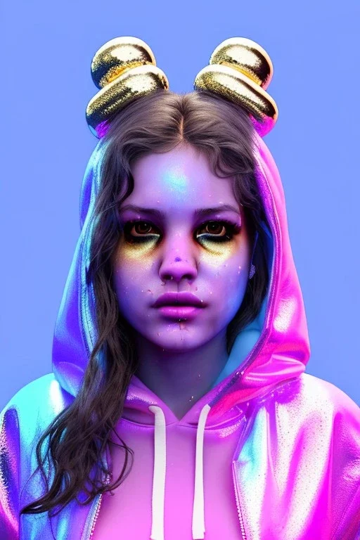 Ultra Realistic image, Rosalía artist, portrait, waist up portrait, long black eye line, sweet face, inflatable hoodie, gold pink and blue style, spray glow make up, led lights, neon, rings piercing nose, led ornament, fog, bubble latex coat, vibrant color, highly detailed, art stations, concept art, smooth, unreal engine 5, god rays, ray tracing, RTX, lumen lighting, ultra detail, volumetric lighting, 3d, finely drawn, high definition, high resolution.