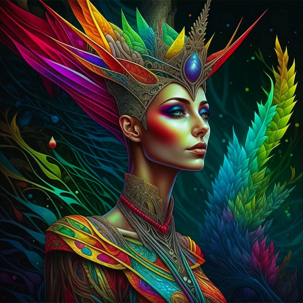 Pintura arte lineal de una Reyna elfo, coloreada, maximalista, calidad ultra, hiperdetallada, 12k