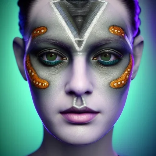 portrait of a modern style city priestess, silver obsidian influence, emerald lightning style, fractal anthracite sulfur face paint injection in multispiral complex patterns, piezoluminescent amber background details, liquid swirled coal background, gorgeous face, flawless, photorealistic, hypermaximalist, large detailed eyes, award-winning digital artwork, perfect moment, vibrant, highly detailed, cinematic, UHD, hyperrealism painting, design matte painting, digital render, digital painting, ex