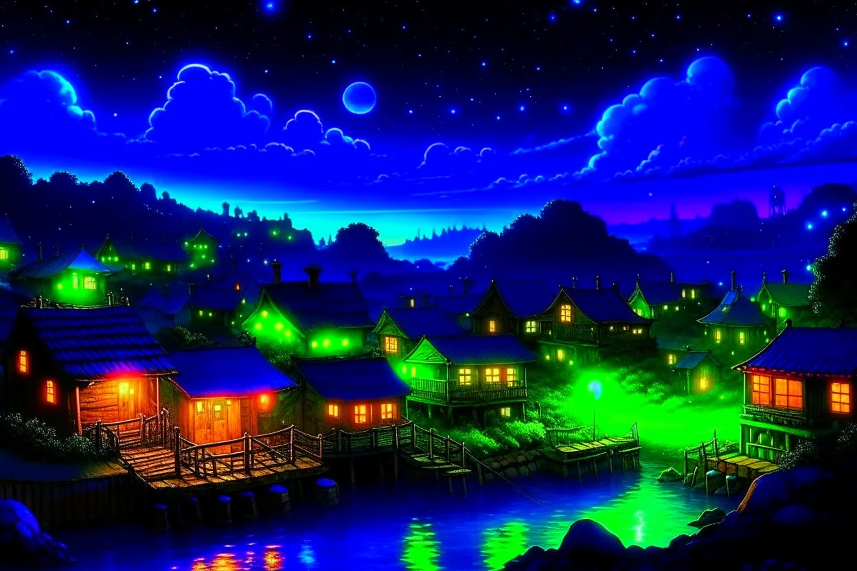 bioluminescent rasin village at night in starshine