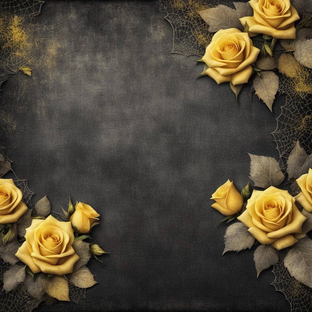 Hyper Realistic grungy multicolored small yellow roses & cobwebs border background with rustic black jeans texture & vignette effect