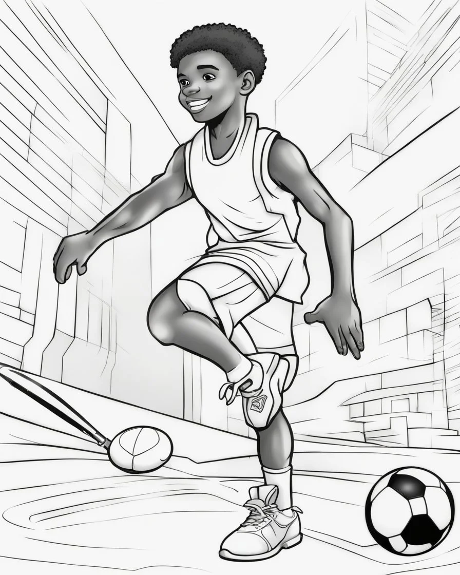 coloring page, depicting a black kid as an Athlete, full body, outline, black and white, highly defined, white background, empty background, cartoon style, coloring book style