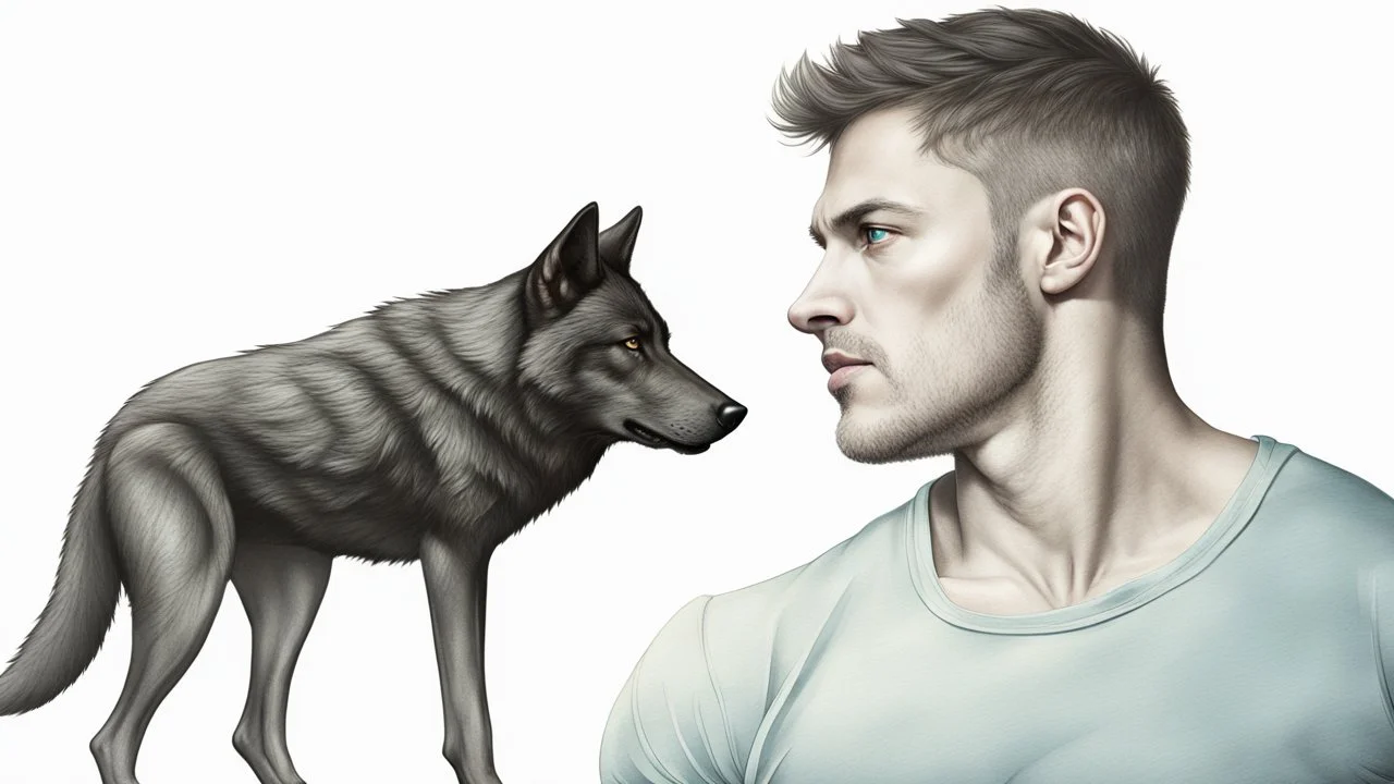 ultra realistic photograph of a muscular male with short dark hair and pale blue eyes wearing a loose black teeshirt facing a large black wolf