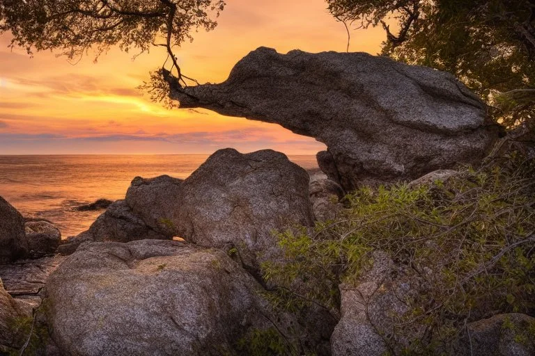 Rocks, sunset, branches