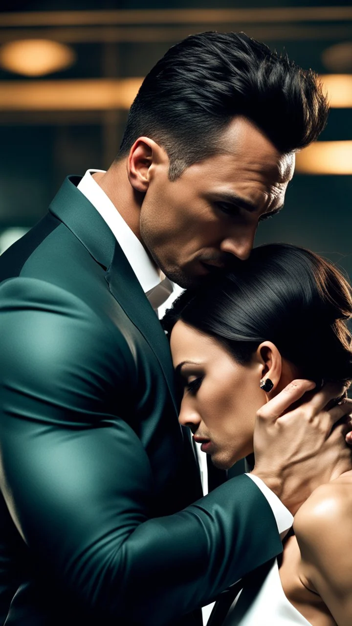 Jason david frank muscular male with short dark hair, wearing a designer suit, whispering in ear of young blonde woman, with short hair, wearing short white dress. hyper realistic