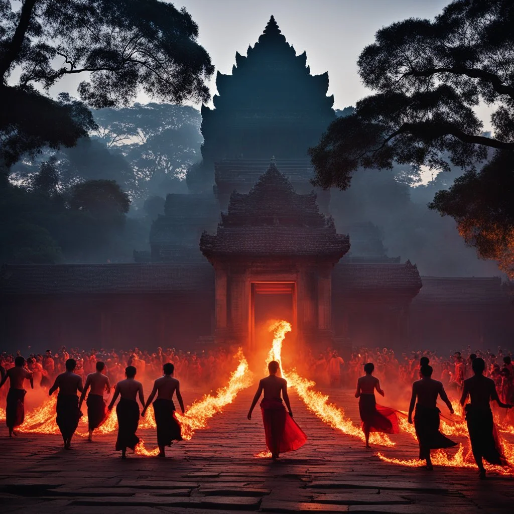 In a mesmerizing passage from a new book, a vibrant scene unfolds at Angkor Wat, where the ancient temple serves as the backdrop for a Kecak Dance unlike any other. Men and women, their movements filled with fiery passion, dance with an intensity that seems to ignite the very air around them. The rhythmic chanting and synchronized gestures create a spectacle that is both captivating and exhilarating, as if the spirits of the temple itself have come to life through their movements. The energy of