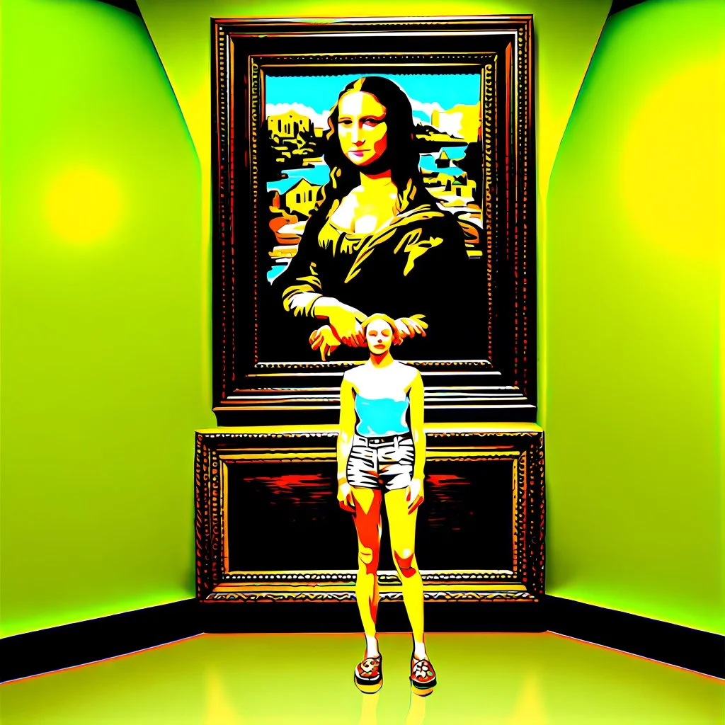 A painting of Mona Lisa on the wall, the frame with shorts and Crocs attached to her human legs