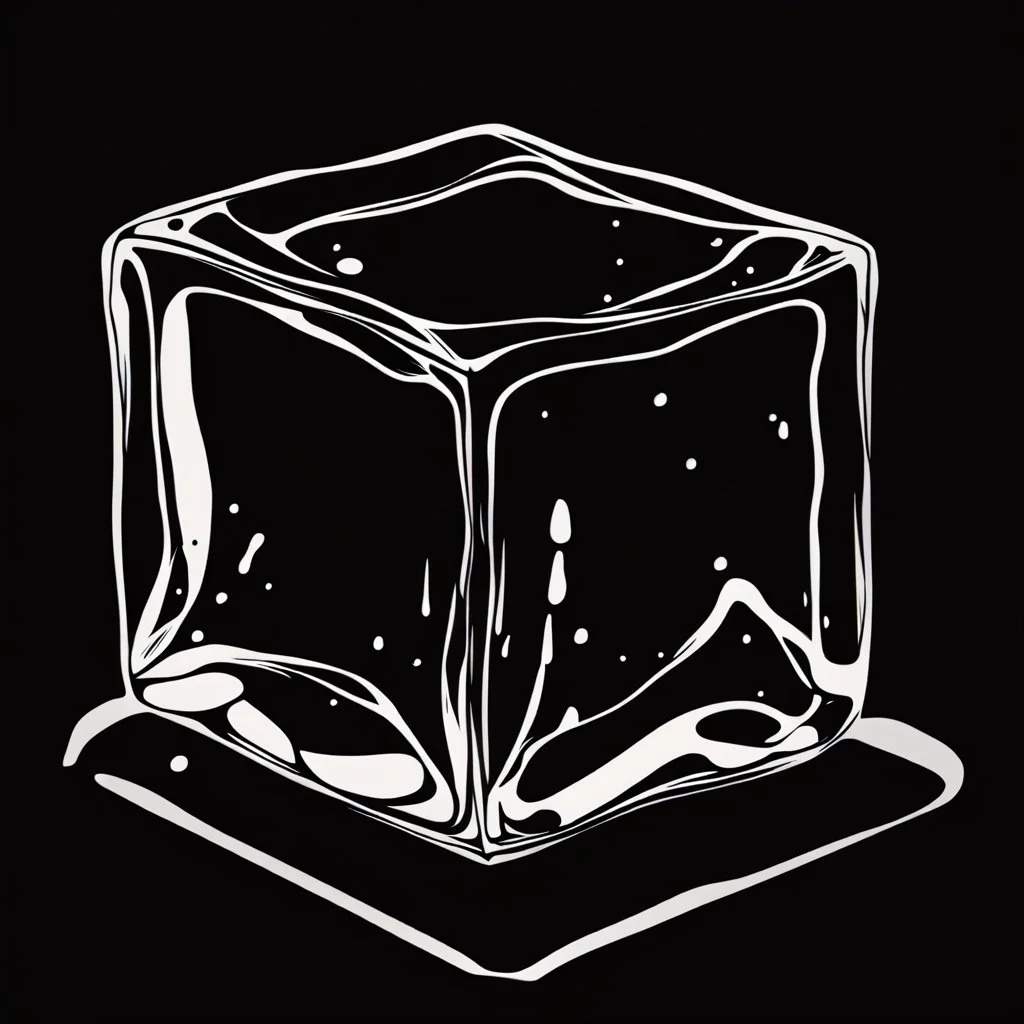 a HAND DRAWN BLACK AND WHITE ICE CUBE SITTING ON A SLICK BLACK SURFACE