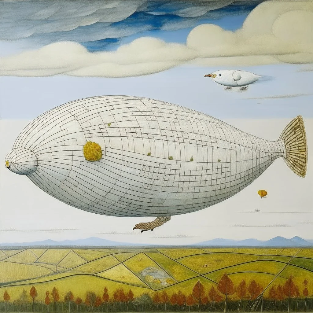 A white bird shaped blimp in the sky painted by Gustav Klimt