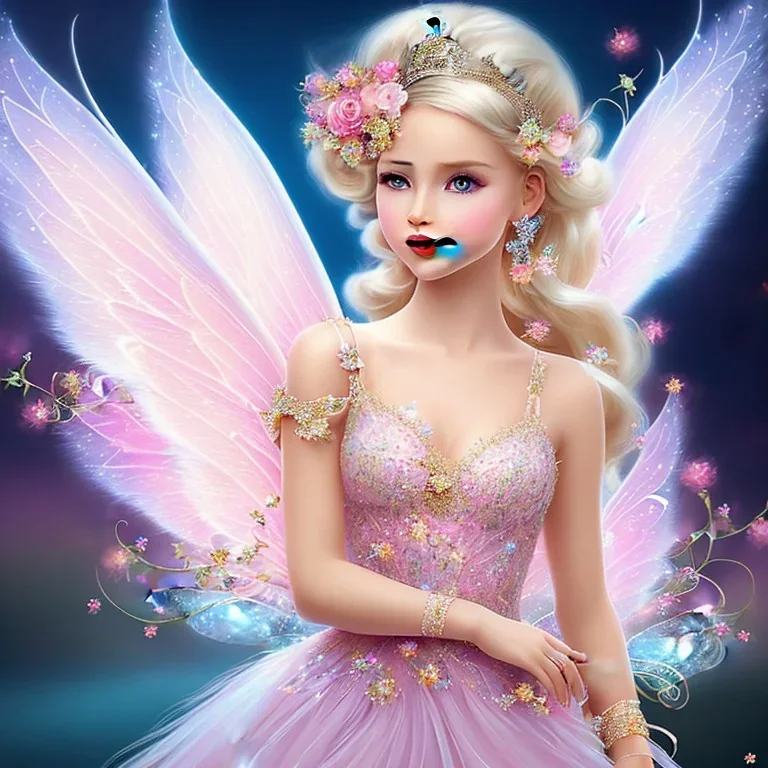 fantasy baby fairy with luminous wings, smiling, make up, long platinum blond hair with crown and flowers, pink dress