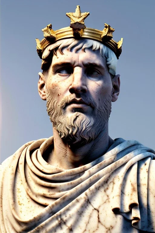 Realistic image, Roman sculpture made in white marble with gold veins, Lionel messi with gold laurel leaves crown, decorative star on the chest, waist up portrait,marble material, gold ornaments, Renaissance style, sun rays background, epic, celestial, cinematic lighting, God lights, 4k resolution, smooth details, soft lighting, unreal engine 5, art station, substance 3d.