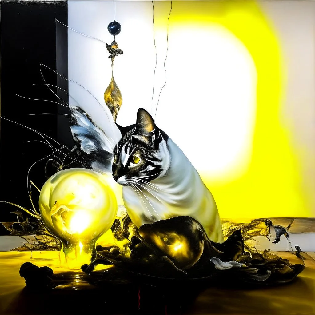 Abstract painting formed by a mix of human flesh-like surgical instruments and universe-like neuralink, a cat looking at a pigeon inside a huge bulb between light and shadow at dusk,surrealism,minimalism,Painting By Adrian Ghenie, Rene Magritte, Salvador Dali, Lucian Freud