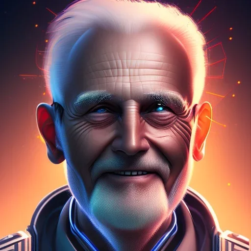 cyberpunk head portrait, old guy, happy face, smiling