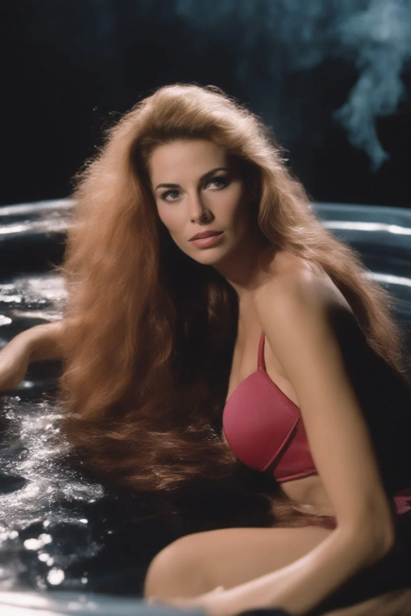 full body portrait - 20-year-old Tawny Kitaen, wearing a pink, bikini in a hot tub - 32k, UHD, 1080p, 8 x 10, glossy professional quality digital photograph - dark blue and dark red, and light maroon and purple and foggy black gradated background with a paint splattered wall, strawberries, stars, planets, galaxies, an assortment of bright, colorful floral arrangements, black roses, blue roses, red roses, yellow roses, pink roses, dandelions, honeysuckle roses, tulips, carnations,