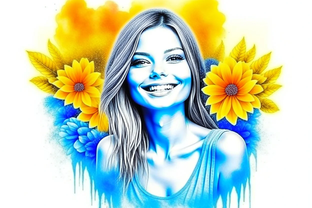 A Smiley gorgeous woman stunning drawn on paper by blue dry ink pen sketch, colored flowers beside paper. pastel colors double exposure: waterfall, misty morning, reflection, sunrise