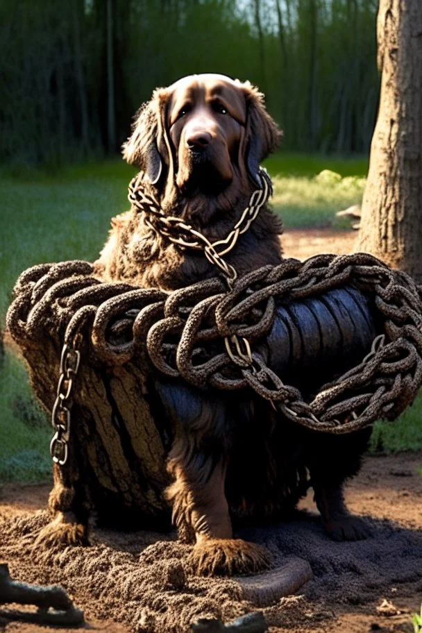 Backyard dog chain attached to a giant log made of feces