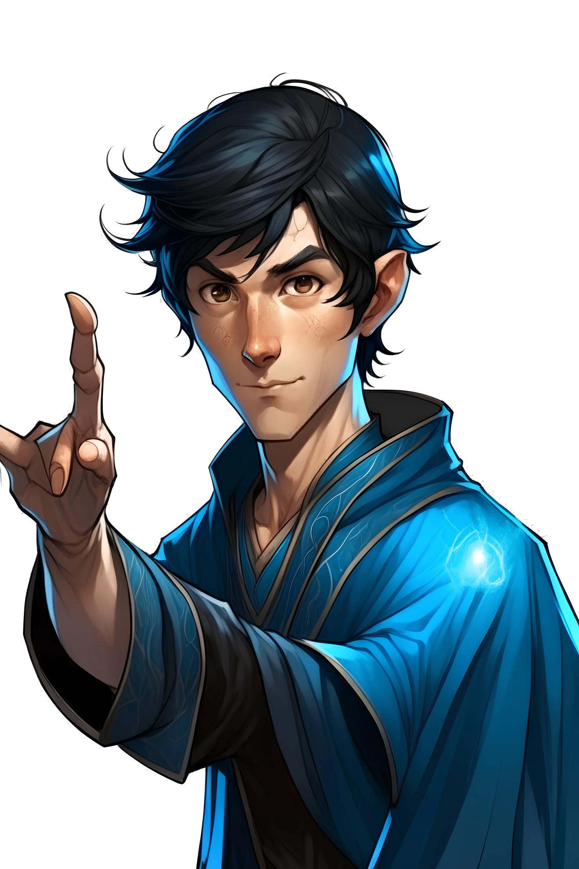 a young half elf man sea sorcerer black hair, small pointy ears and blue eyes. Pointing a finger like a gun