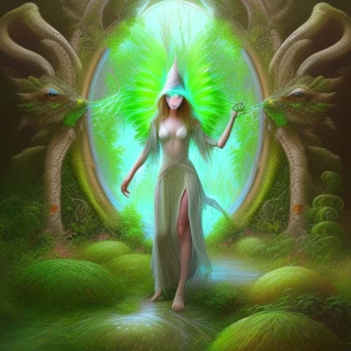 water color and spray painting fantasy art, portrait elven angel with green clothes standing in portal to wet forest world from desert world with camels,poetry book illustration