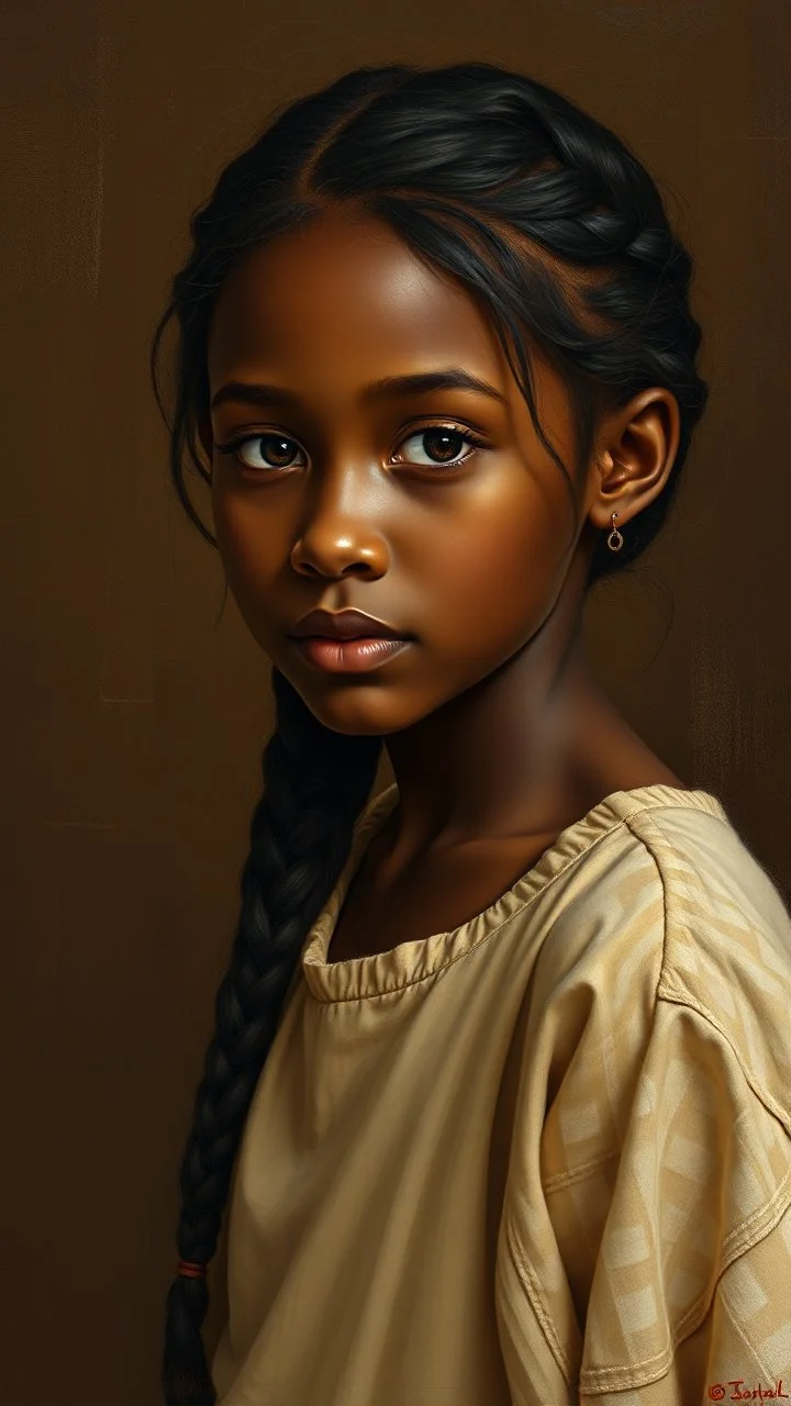 grant wood painting style , a portrait of a beautiful young brown girl , in light brown colors and dark brown background