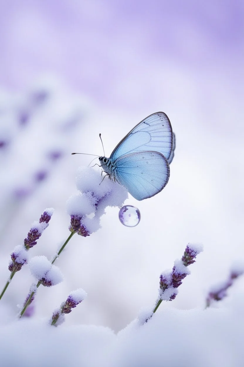 Lavender and light blue butterflies and bubbles in the snow