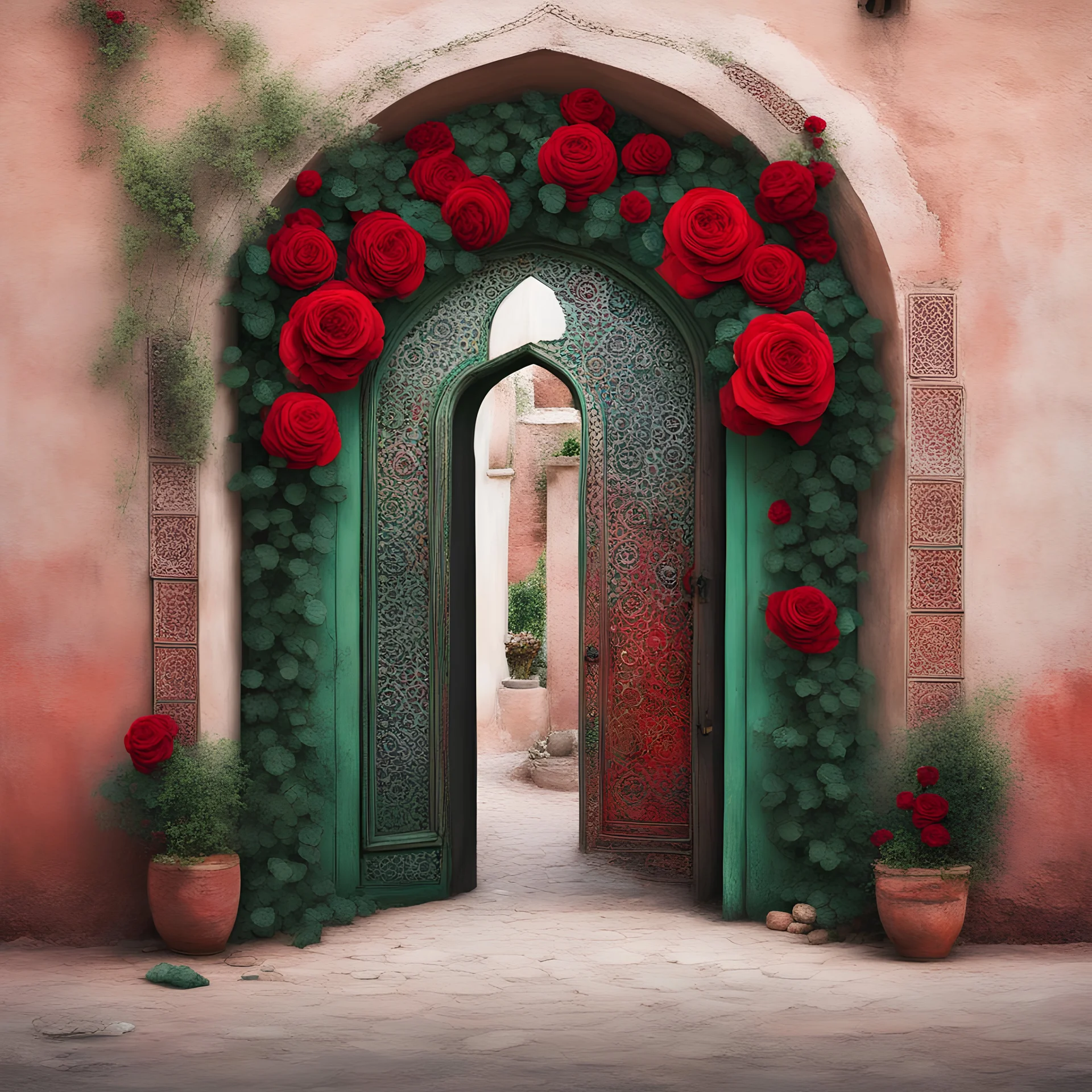 Imagine painting art, classic red, black, white and green roses, surrounding a morocco door with an old arch, vibrant digital graphics art, wall art Abolition and the Liberation | WALL PRINT ART |