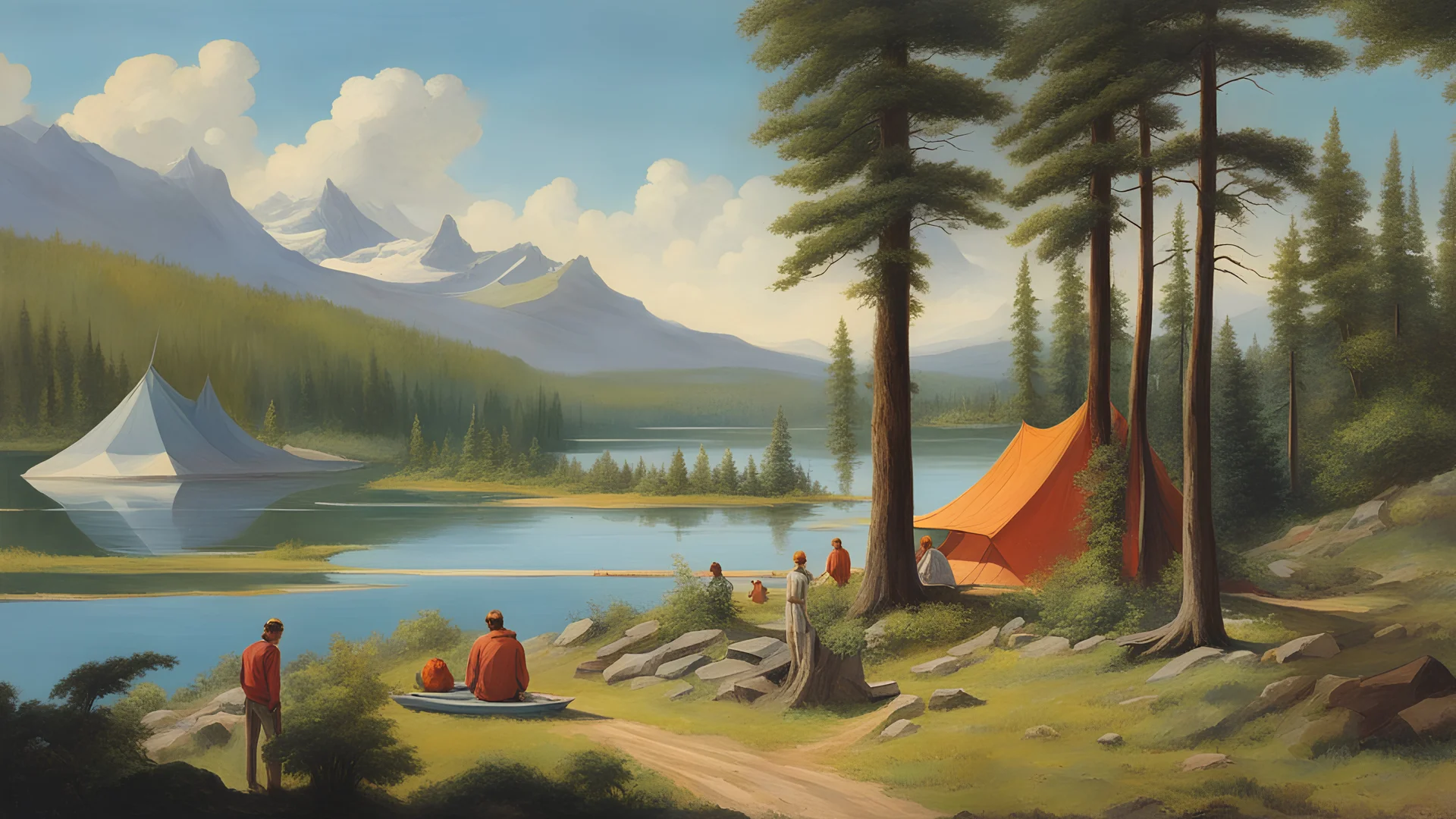 Summer Camp by a Lake, Chesley Bonestell Style, colorful, very detailed, near view
